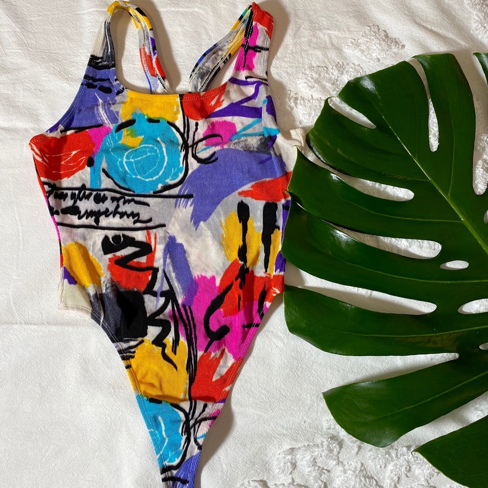 Vintage high cut Multi colored Thing One Piece